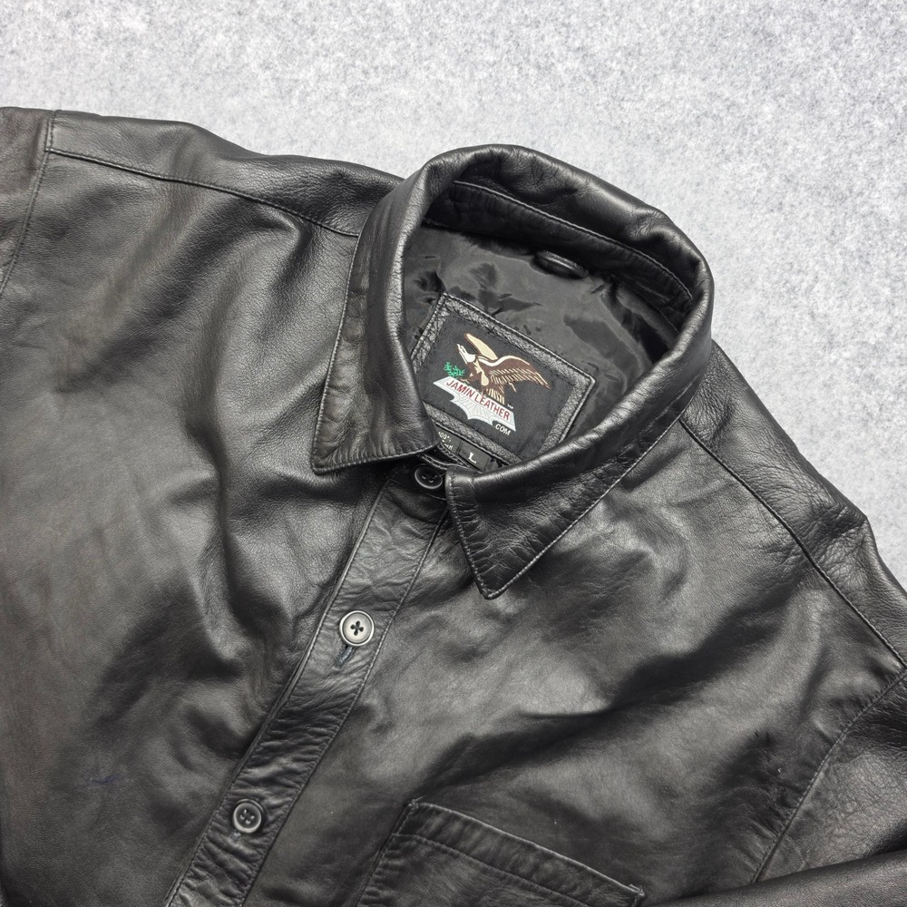 Jamin Leather Mens Large Black 100% Leather Button Down Shirt Jacket Lined